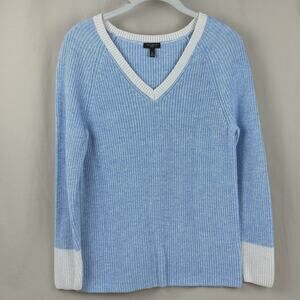 Talbots Petite Medium Light Blue V-Neck Cotton Blend Ribbed Knit Sweater